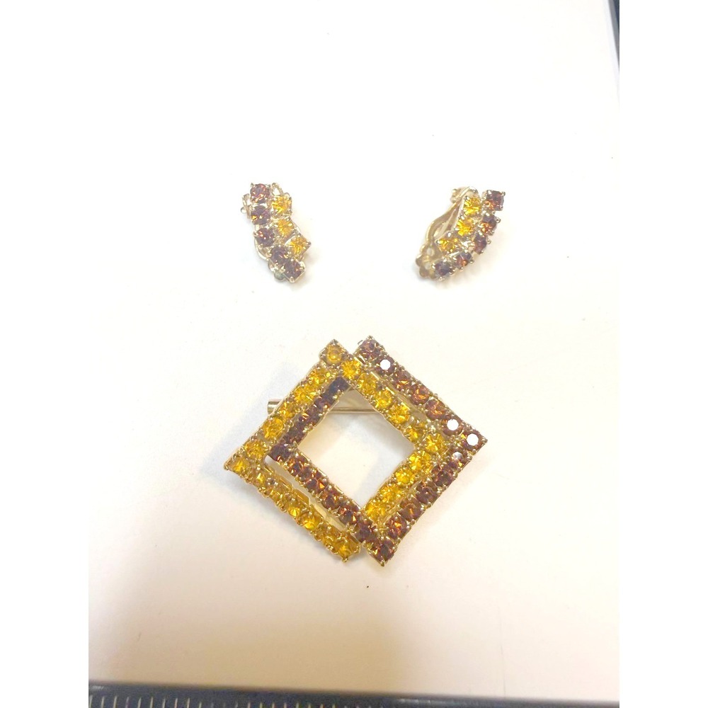 Vintage Amber Topaz Rhinestone Brooch and Clip On Earring Set Gold Tone Square